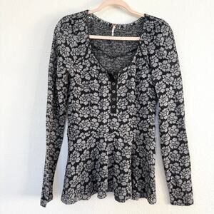 Free People Lace Floral Henley Top Black Gray Long Sleeve Boho Romantic L